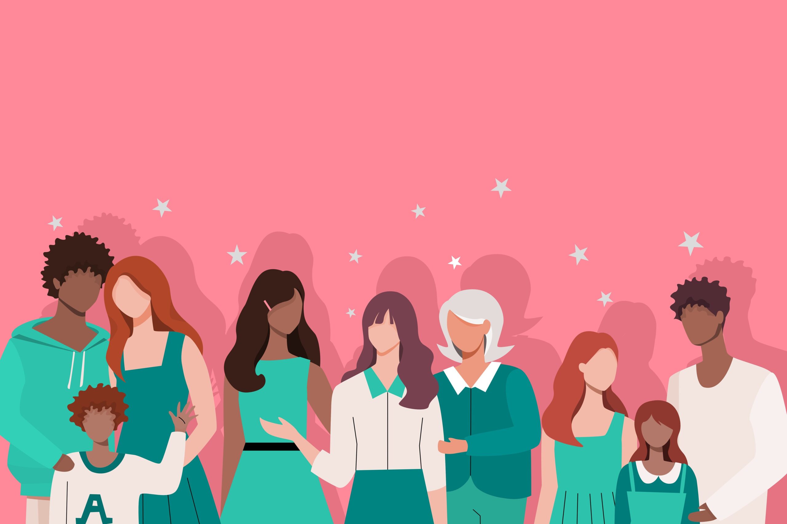 Illustration concept shows group of African and American people celebrating on pink background.