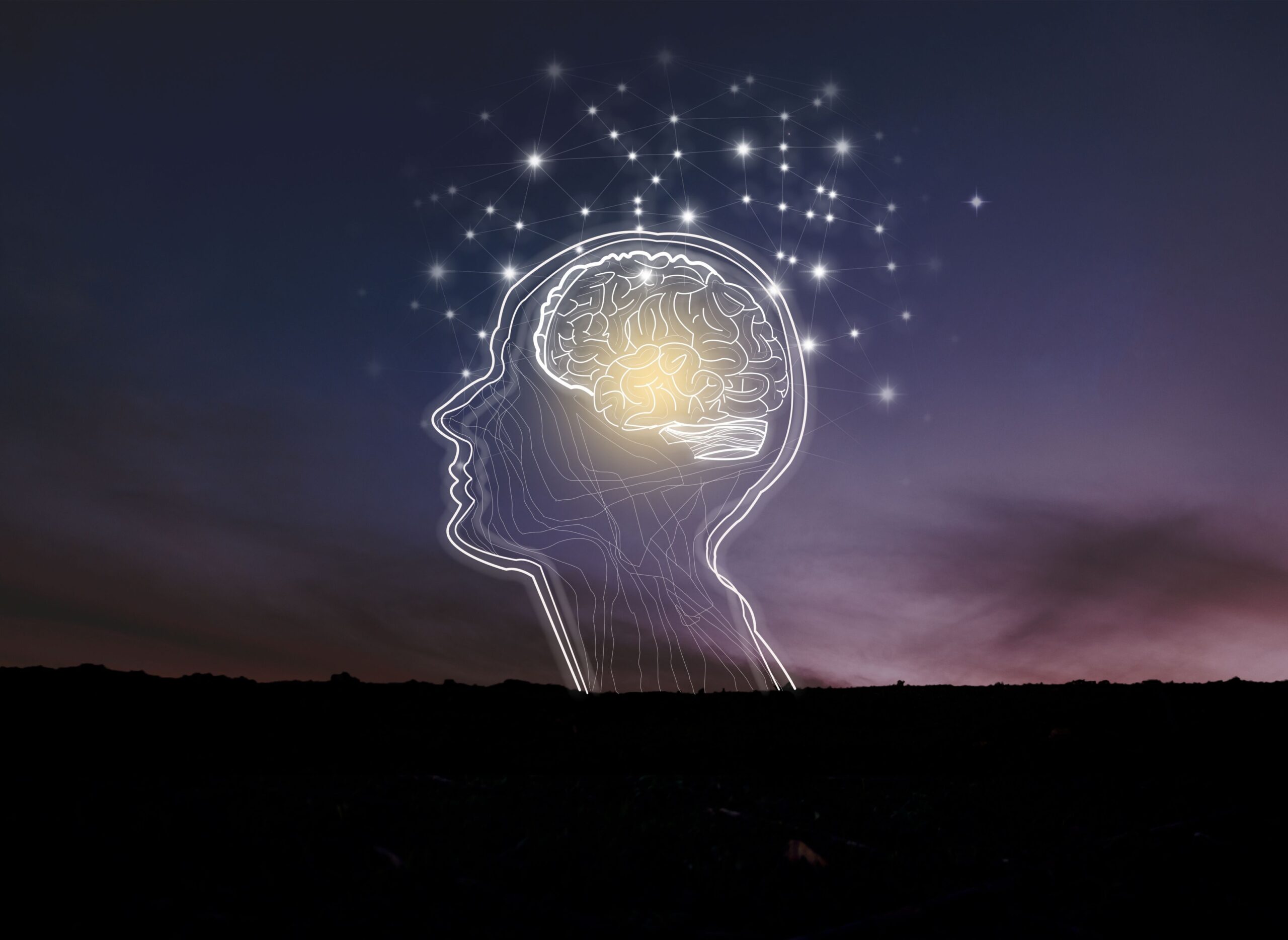 Virtual reality man with symbol neurons in brain / creative idea.Concept of idea and innovation / background night sky