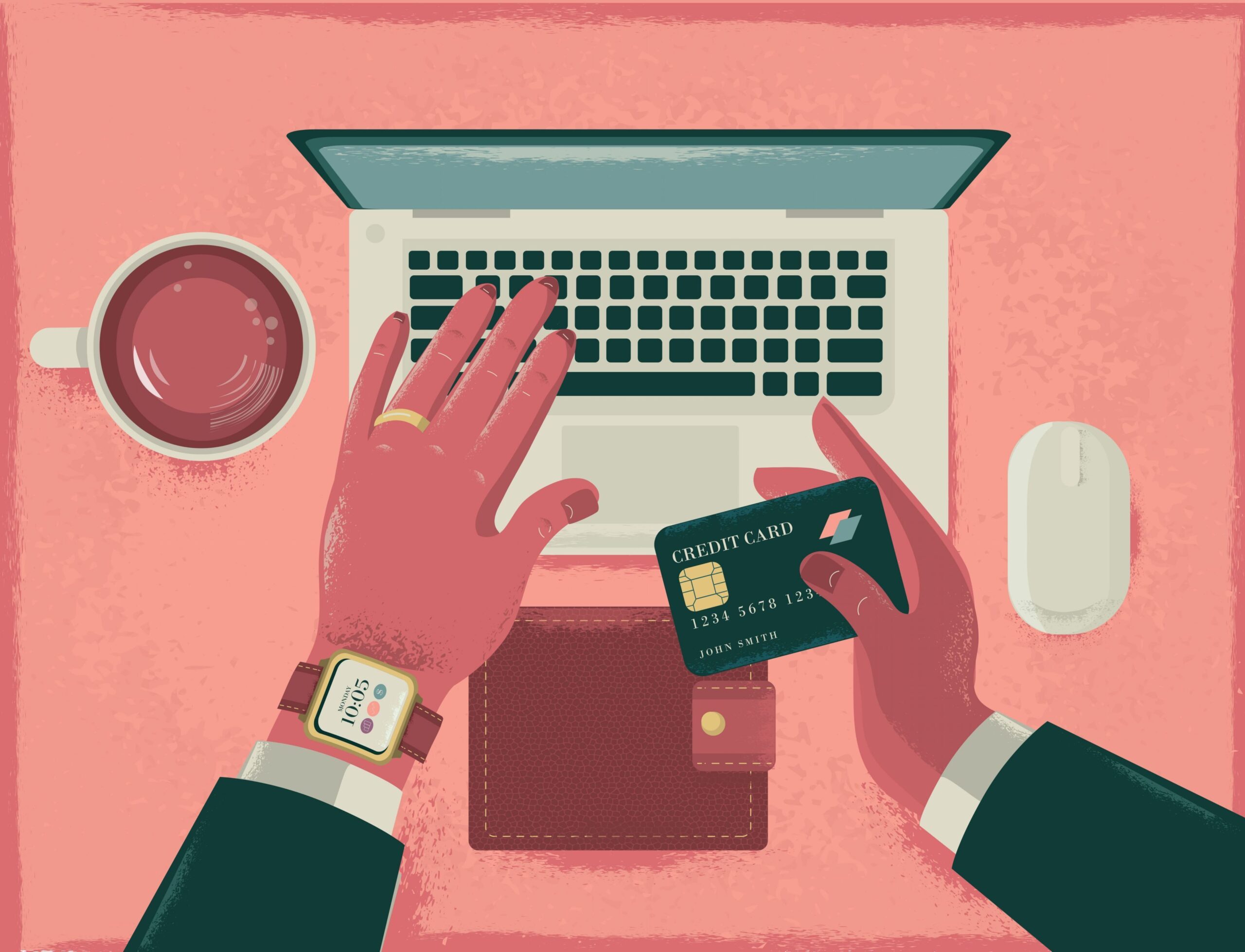 Vector illustration of a group of business tools, laptop, wallet, credit card, coffee cup, and hands using a computer on a textured background. Includes high resolution jpg and editable Illustrator eps 10.
