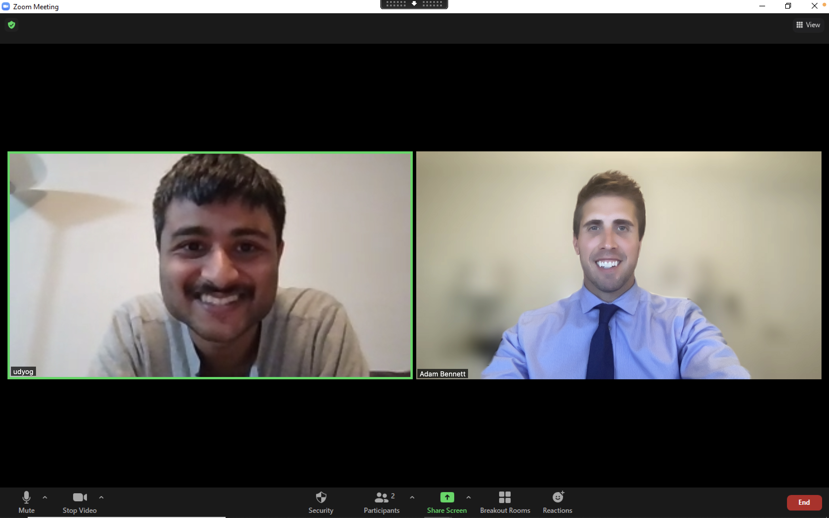 Udyog Pati (left), a student whose parents immigrated to the US from India. He is in a master’s program at Purdue, in Indiana, and is seeking a job as a data analyst at a finance firm. Adam Bennett is Udyog’s mentor through Braven—Adam is a financial advisor at Morgan Stanley in the state of Washington. They connect for an hour each week over Zoom.