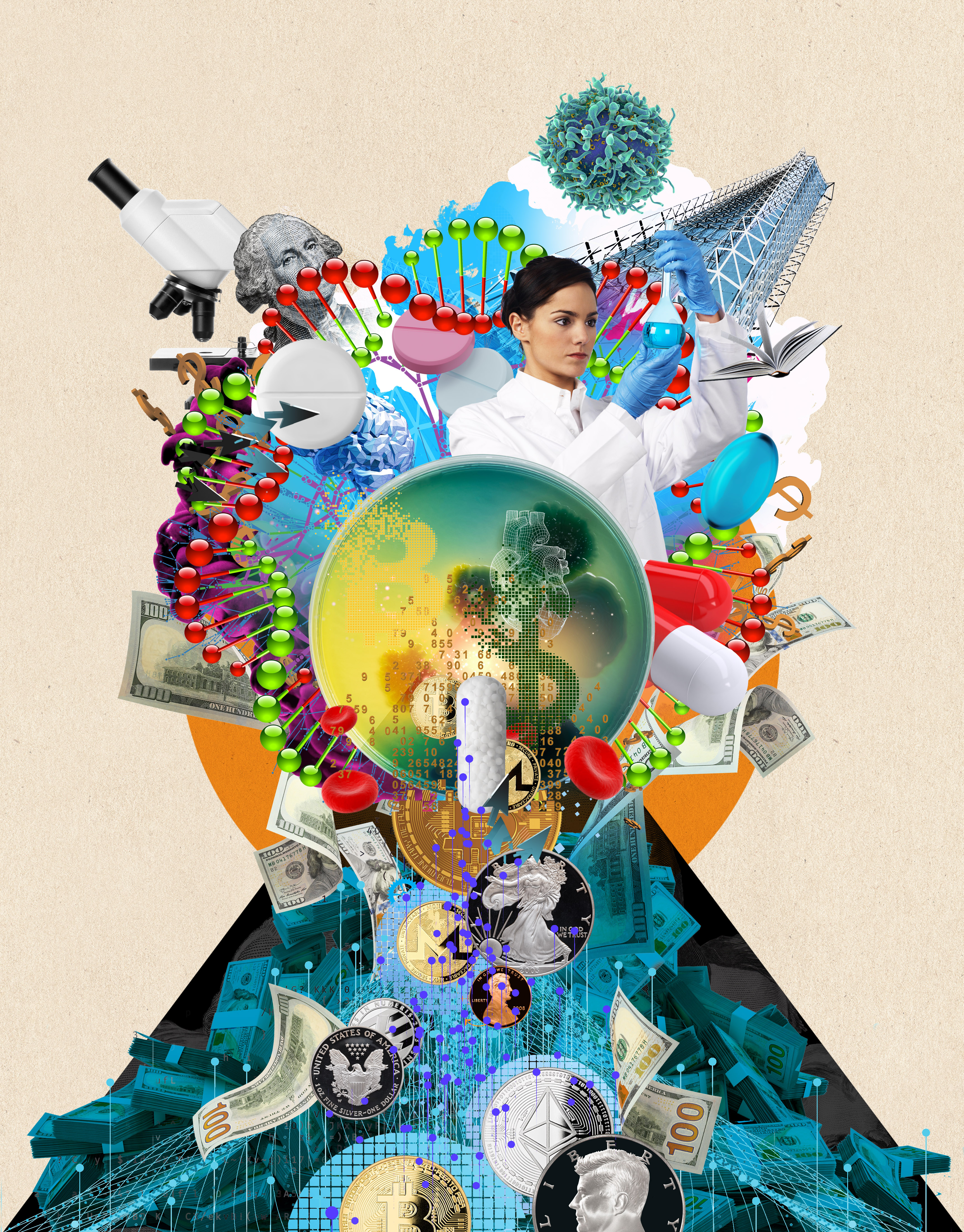 photo illustration of money flow to scientific research