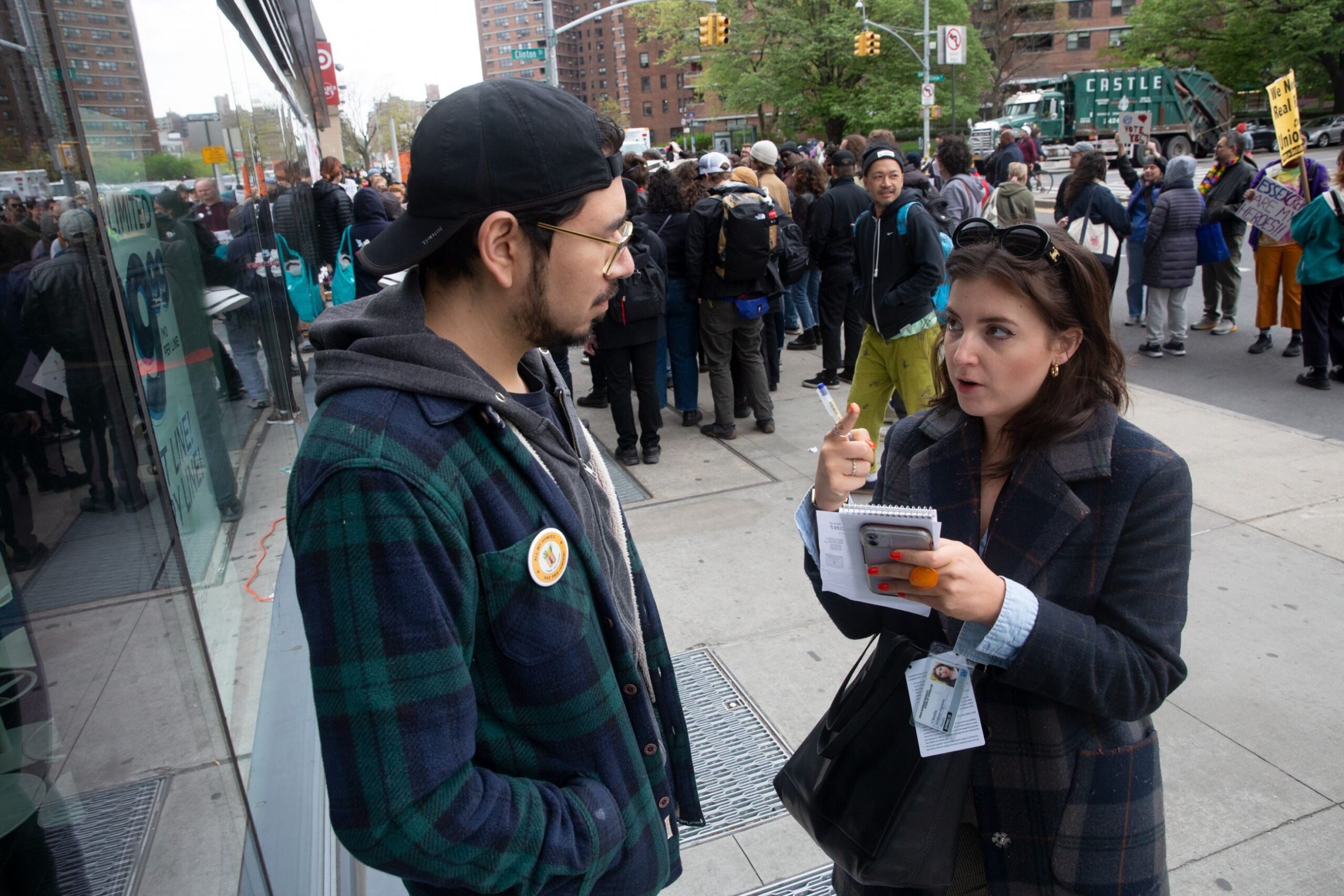 CITY reporter Claudia Irizarry Aponte interviews Trader Joe’s union leaders outside the market’s Lower East Side location, April 18, 2023. 