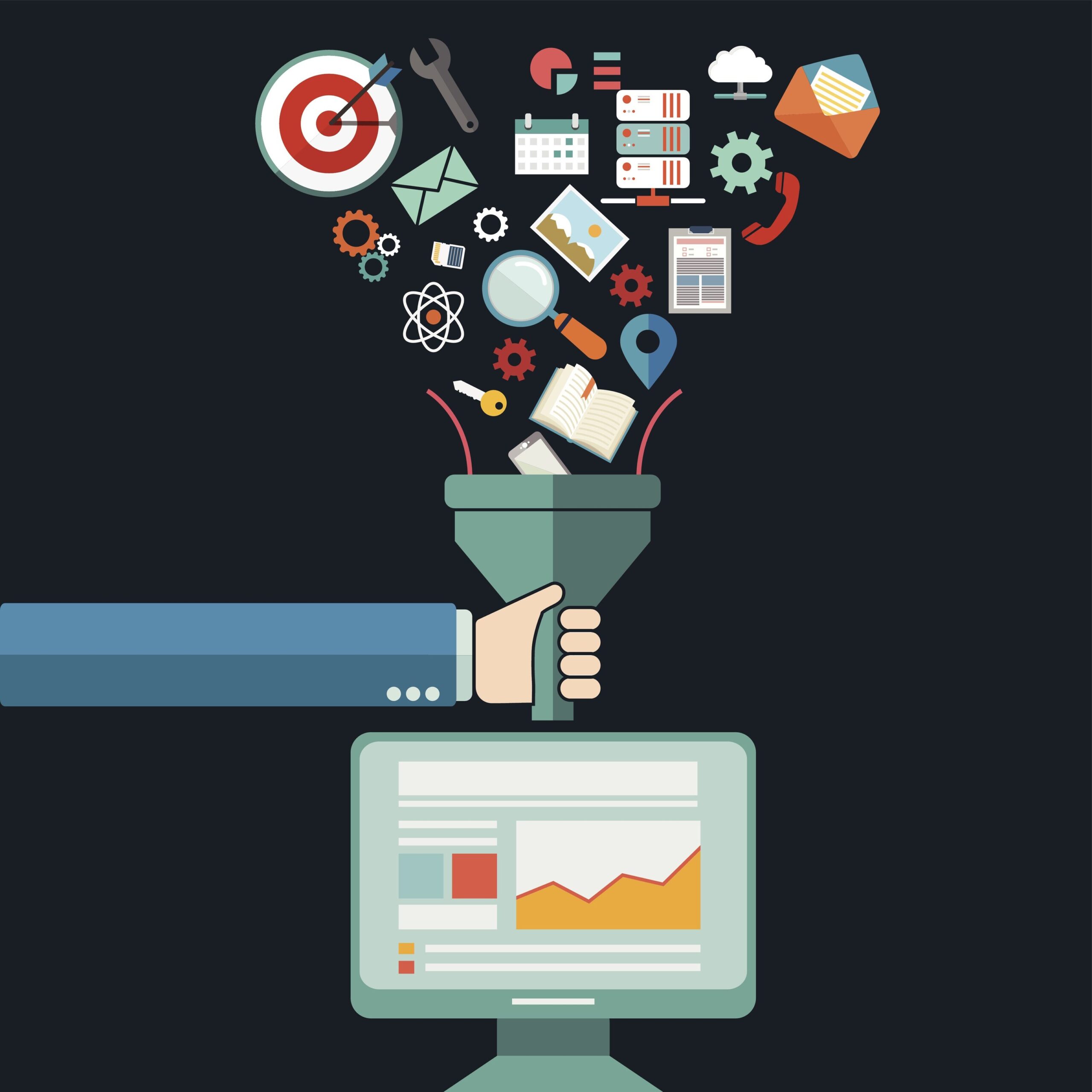 Flat design illustration concepts for creative process, big data filter, data tunnel, analysis concept. (iStock)