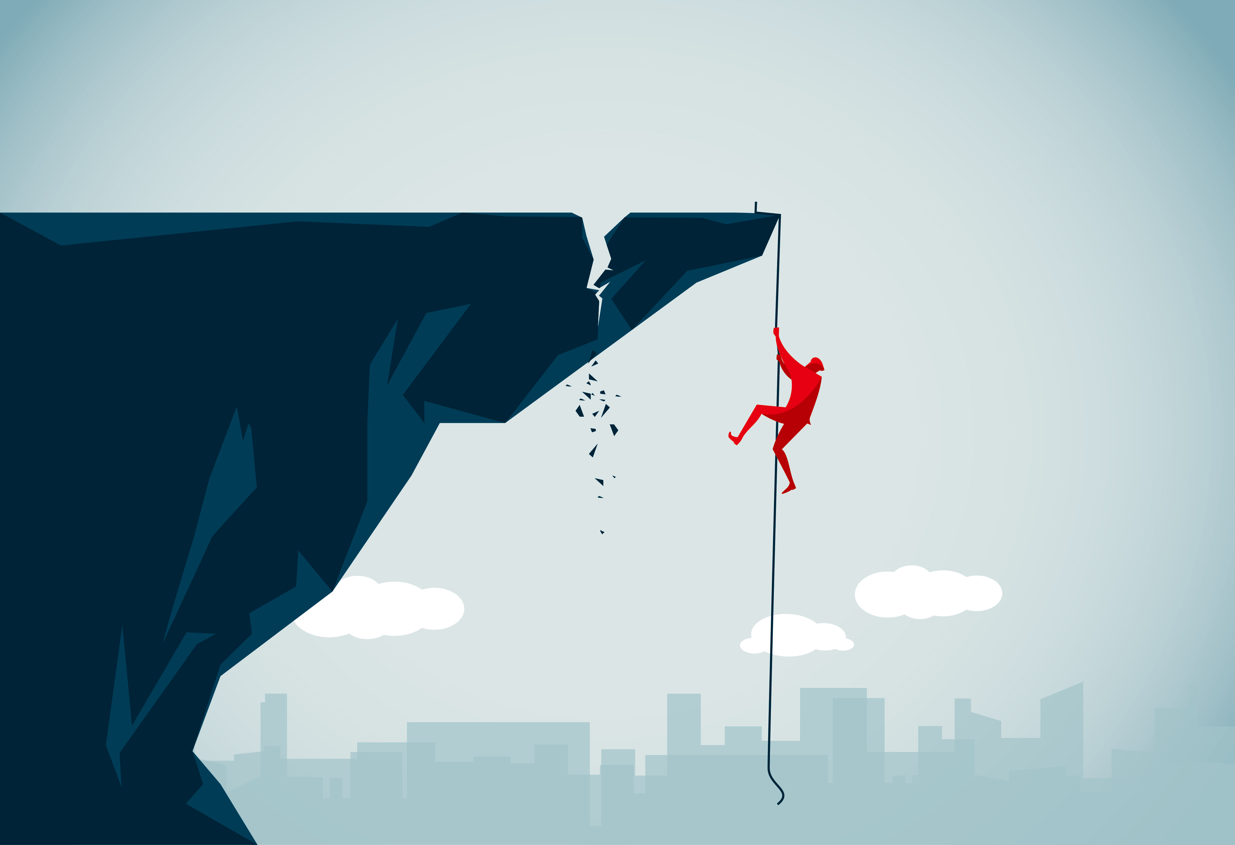 An illustration shows a red human figure attempting to use a rope to climb a crumbling, overhung cliff-face.