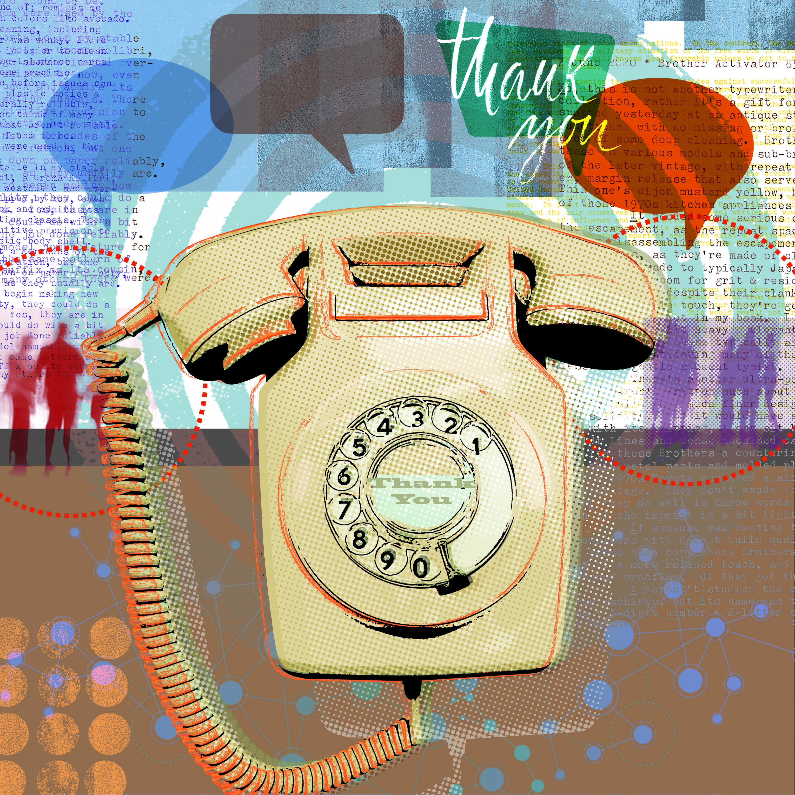 photo collage showing a telephone with the words "Thank You" on it, as well as speech bubbles and people