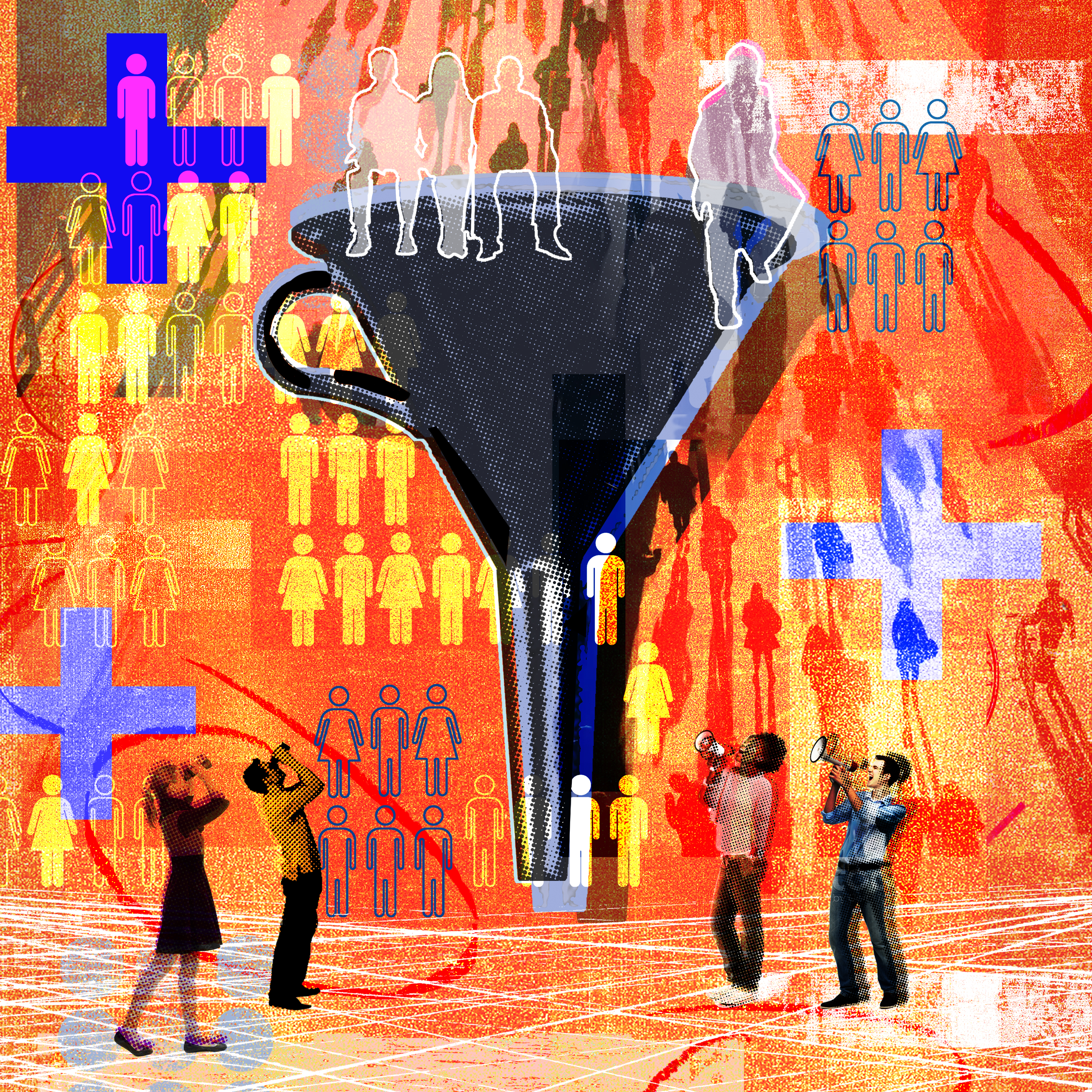 photo collage of a funnel and workers and plus signs