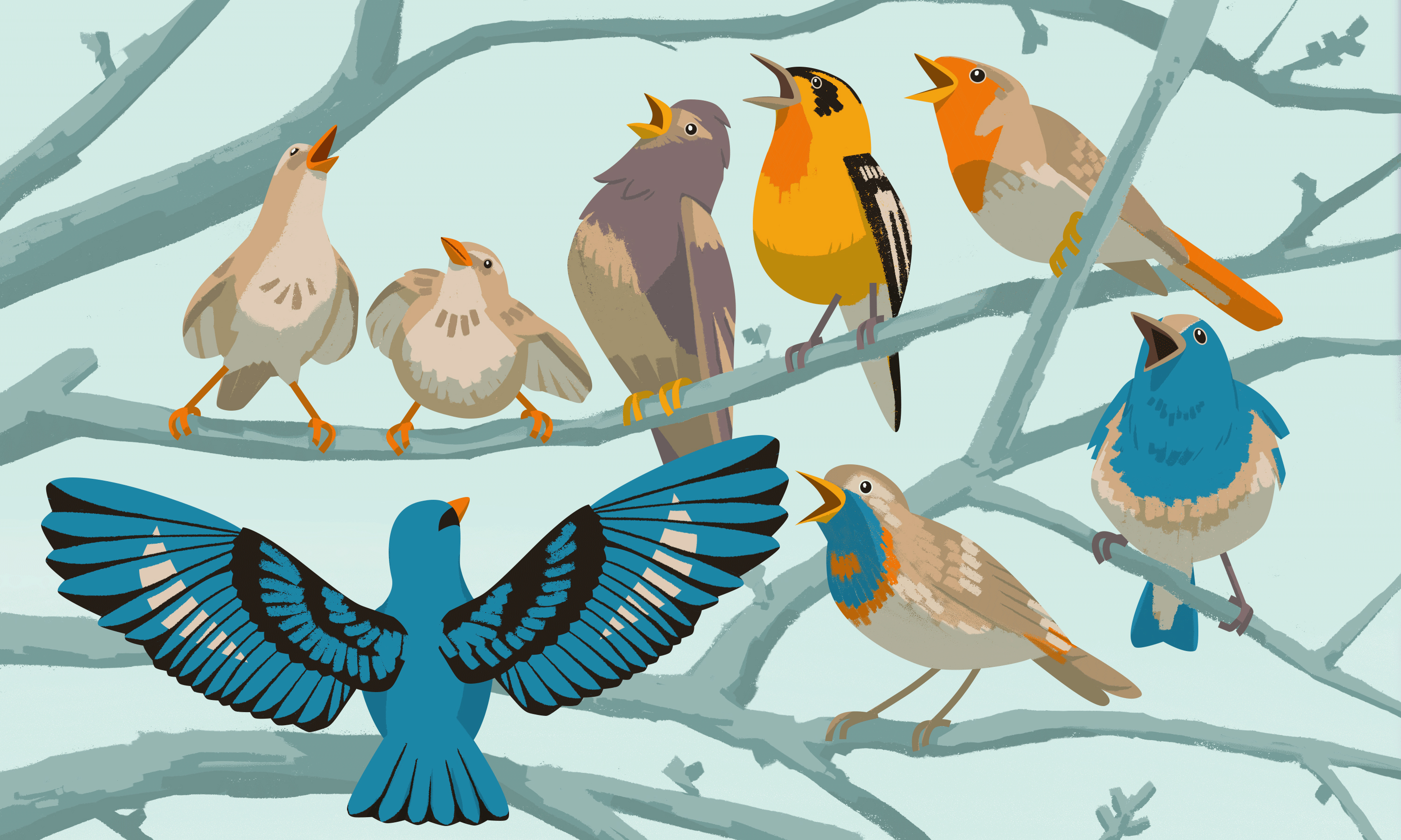 A diverse group of talkative birds gather on a tree branch