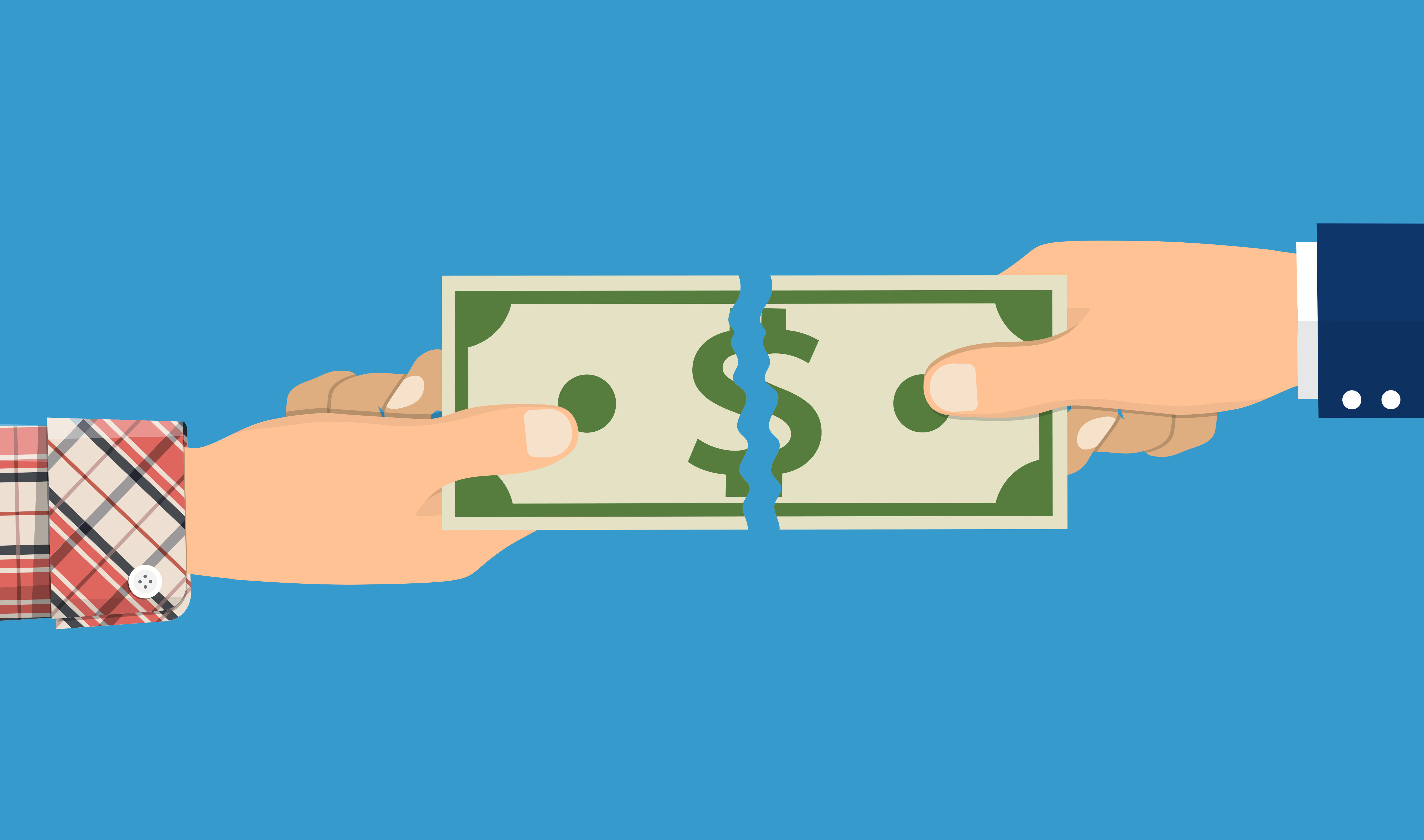 businessman hands tearing apart money banknote into two peaces. vector illustration in flat design. (Getty Images)