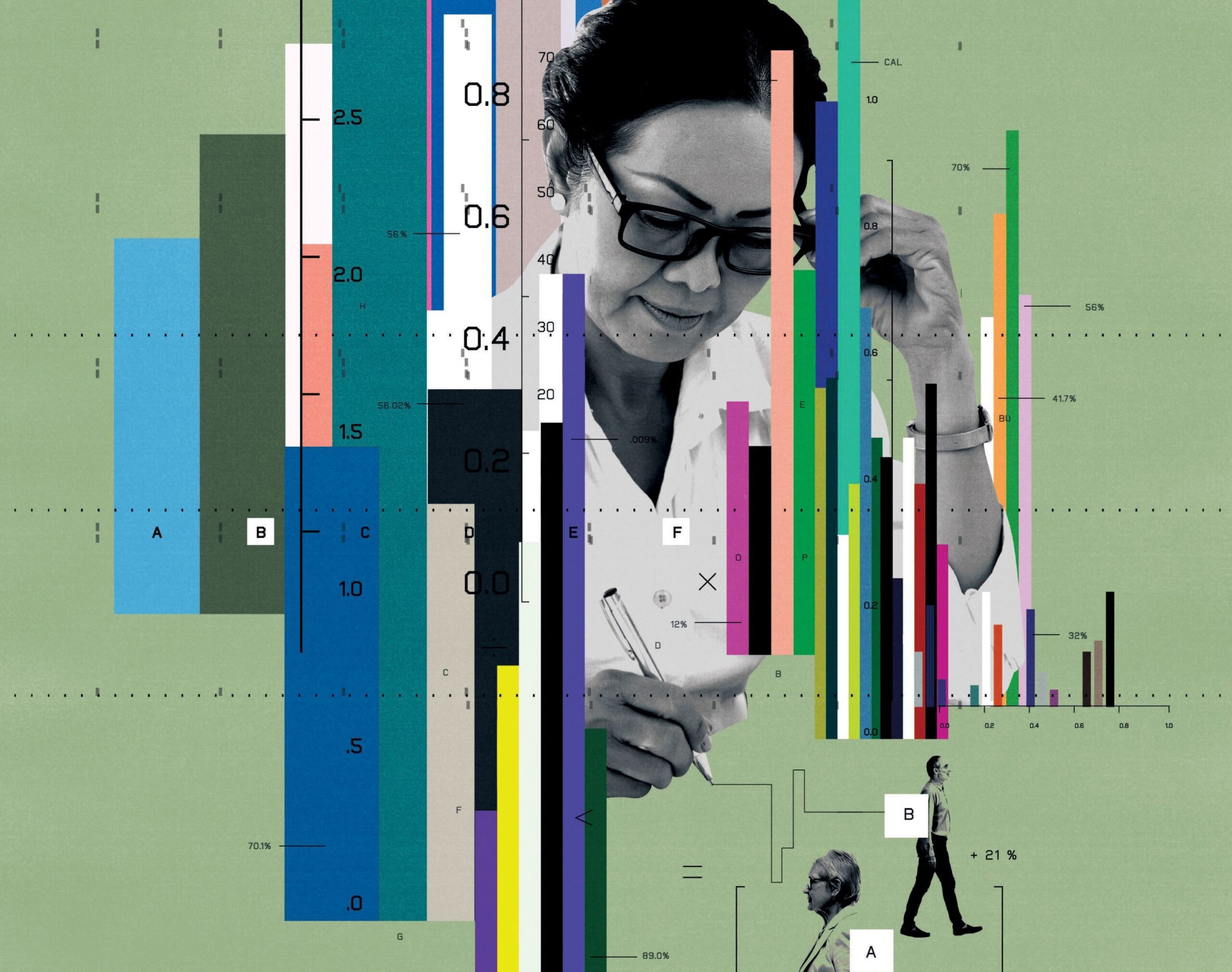 Illustration showing a thinking woman and a swarm of bar charts, data points, and measurements