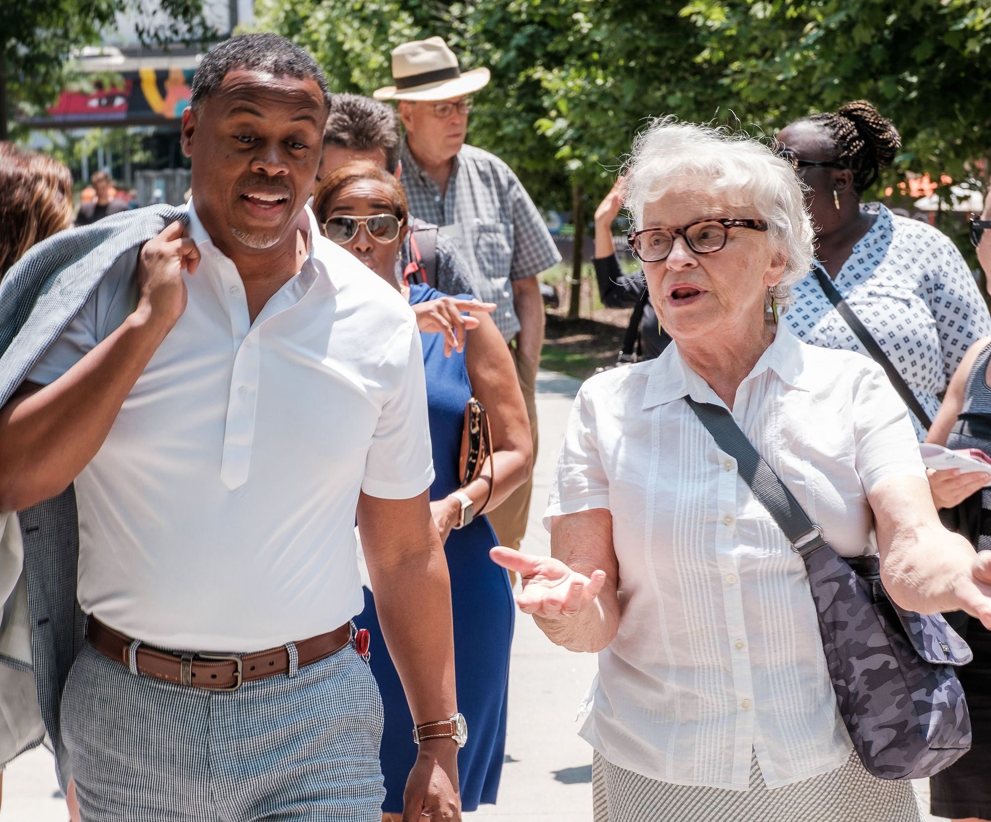 Diana Blank, founder of The Kendeda Fund, walks the Atlanta Beltline, a Kendeda funded efforts to create pop-up Black-owned businesses, along with the head of a nonprofit supporting those businesses. (Courtesy of The Kendeda Fund)