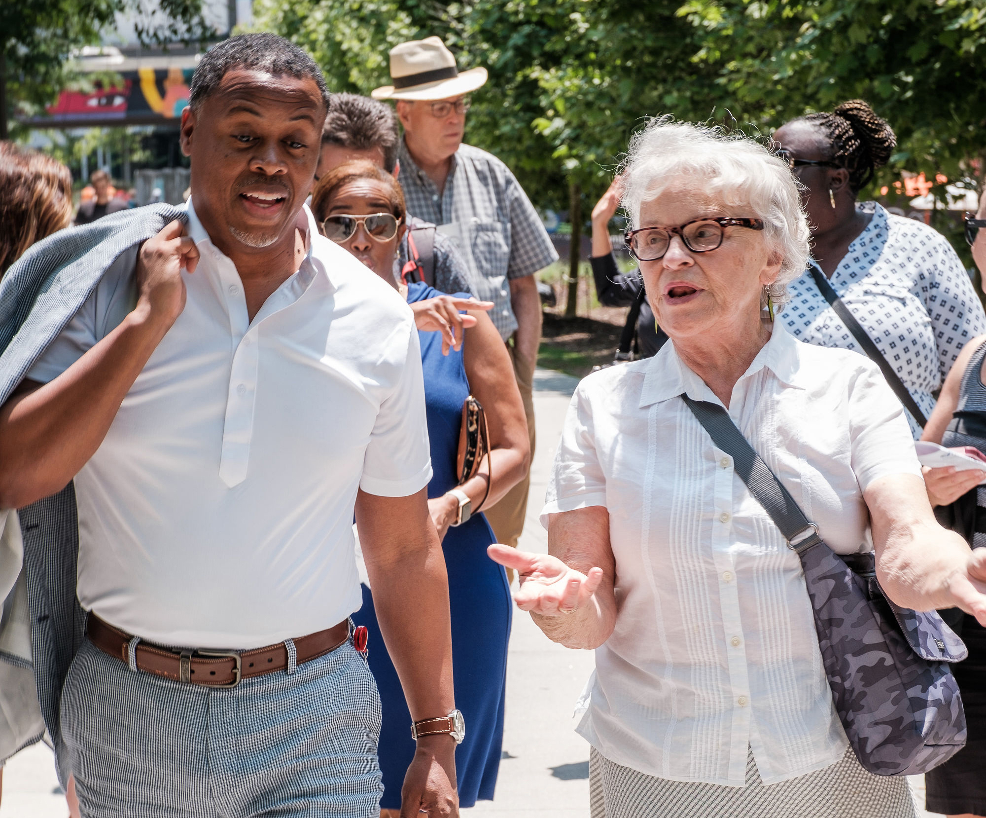 Diana Blank, founder of The Kendeda Fund, walks the Atlanta Beltline, a Kendeda funded efforts to create pop-up Black-owned businesses, along with the head of a nonprofit supporting those businesses. (Courtesy of The Kendeda Fund)