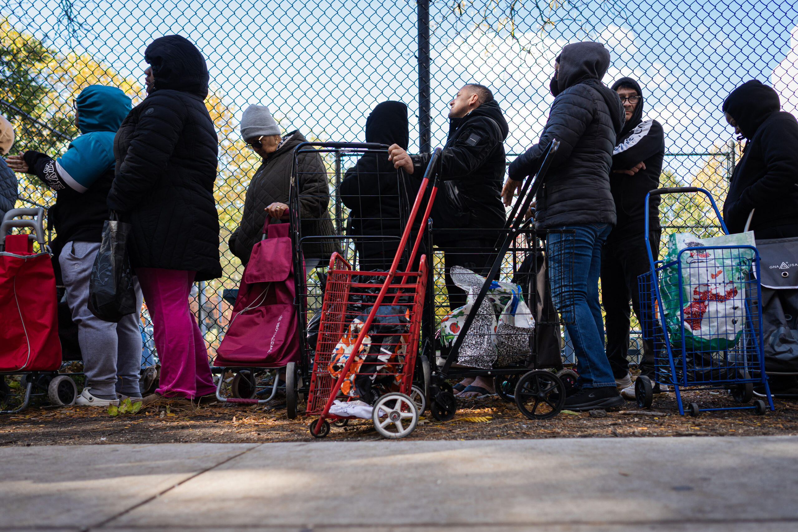 A group of people, many with shopping carts, stand in a line outdoors next to a chain-link fence with autumn trees behind them.