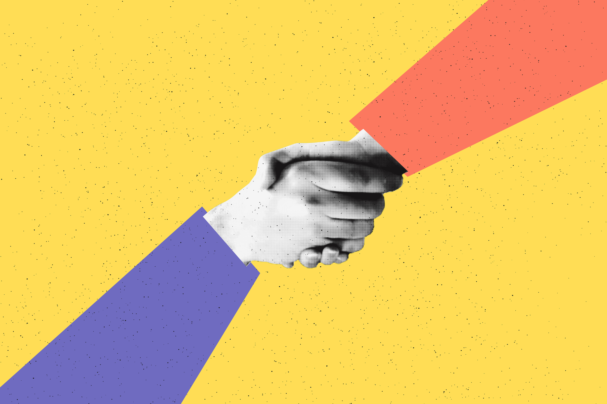 A pop art illustration of two hands shaking, with halftone-patterned hands and solid coral-red and lavender-purple arms, against a speckled yellow background.