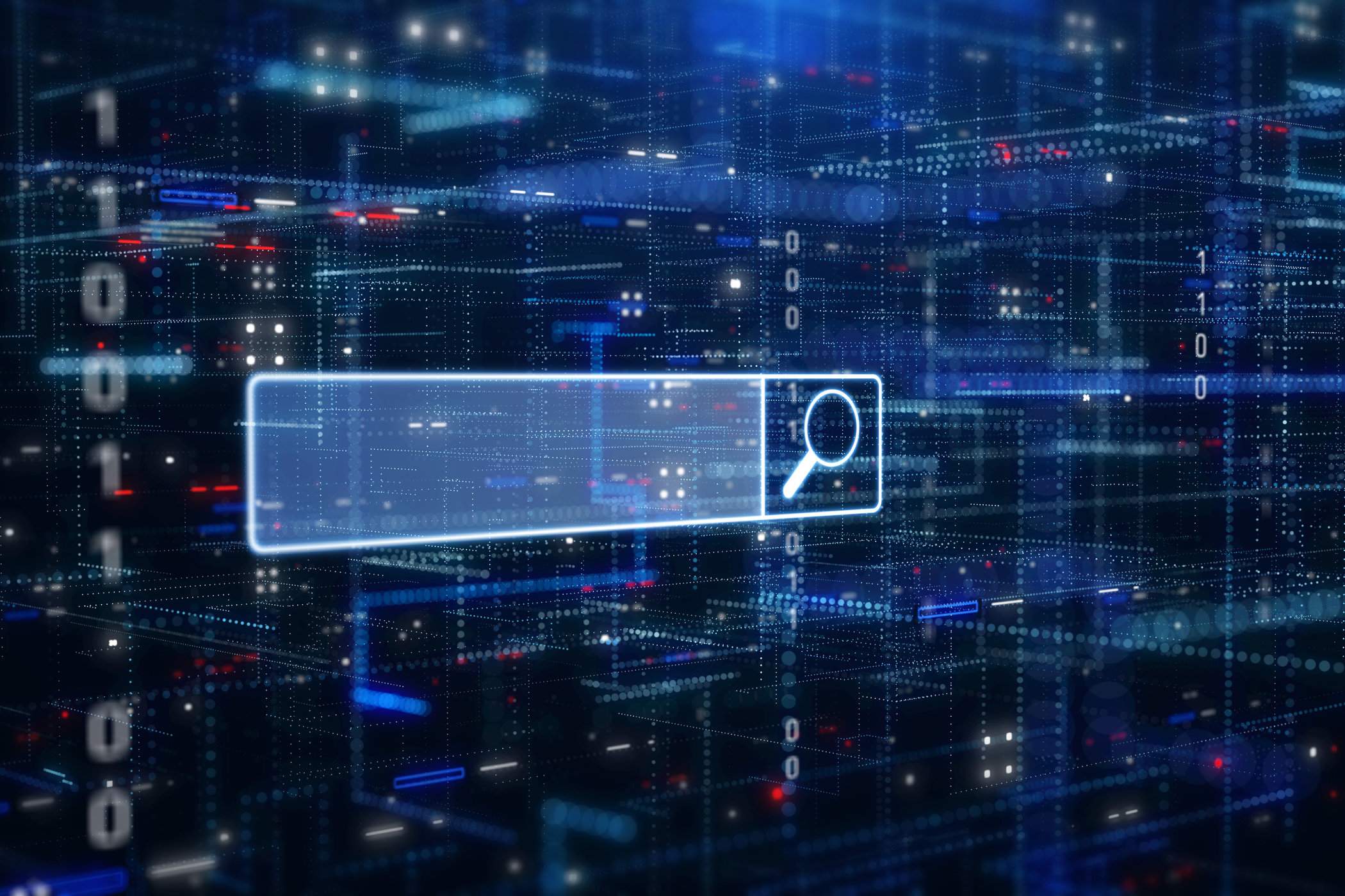 A glowing blue search bar with a magnifying glass icon, set against an abstract dark blue digital background filled with binary code, glowing dots, and interconnected lines.