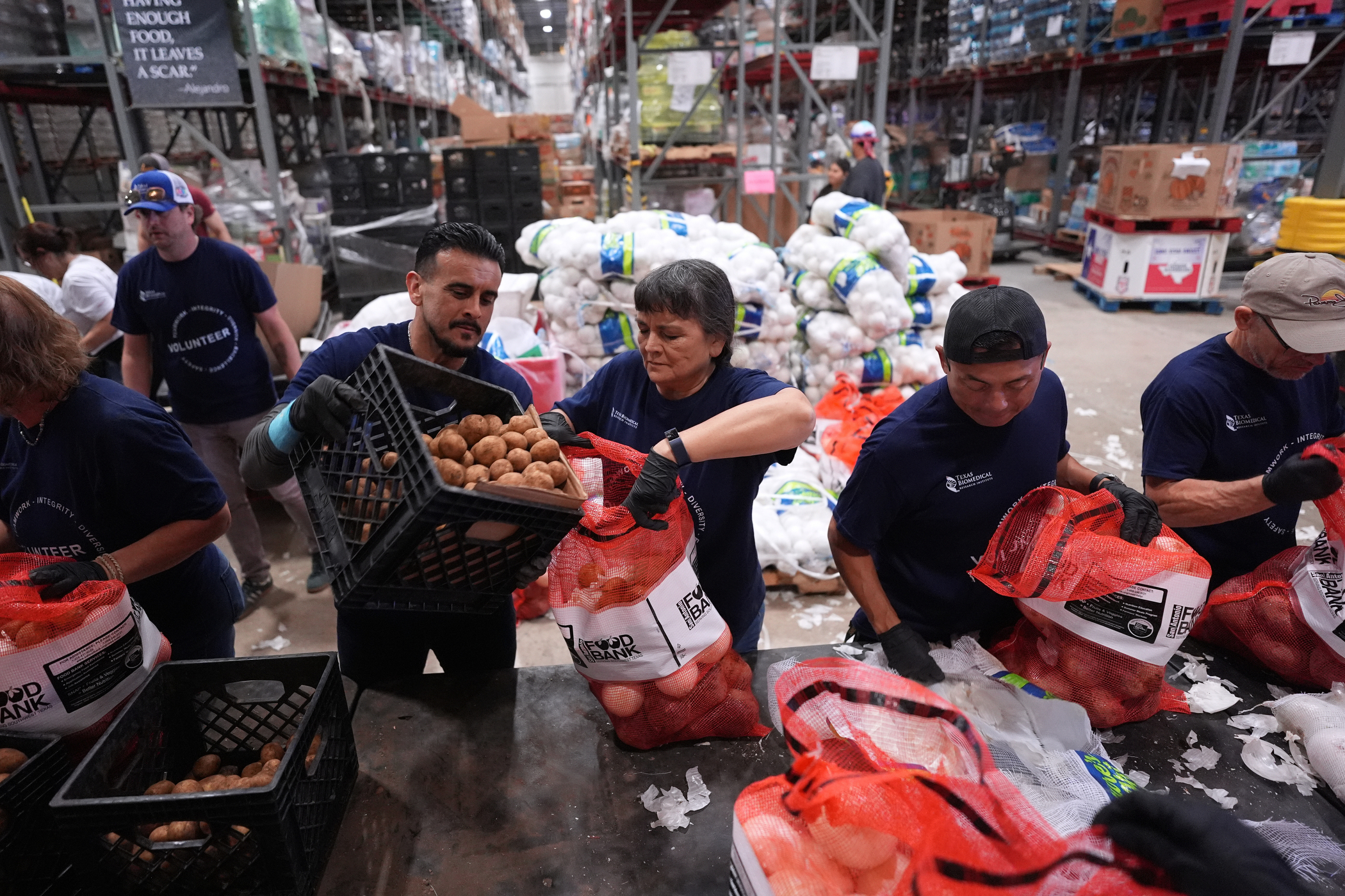 A group of diverse volunteers in blue shirts and gloves sort potatoes into red mesh bags at a food bank warehouse. Large stacks of produce bags and shelving are visible in the background.