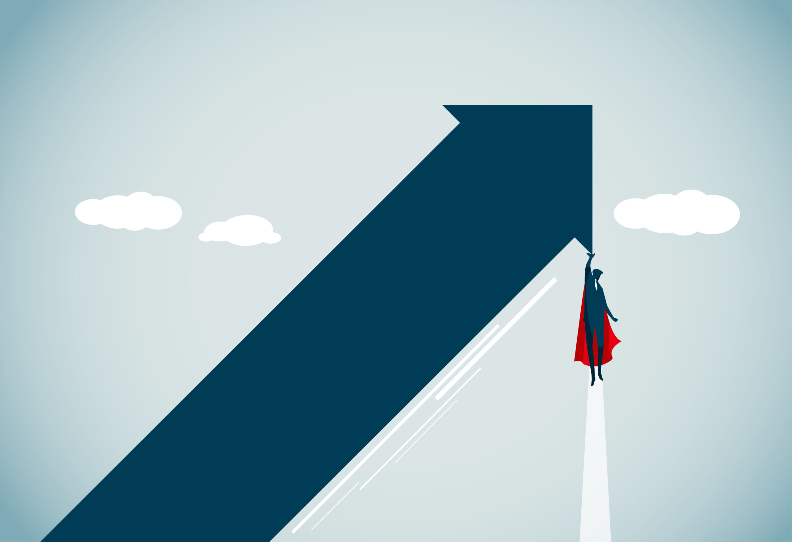 Illustration of a superhero-like figure in a red cape clinging to the tip of a large, upward-pointing blue arrow, symbolizing growth and achievement against a light blue sky with clouds.