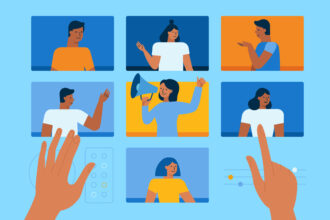 Illustration of a video conference screen showing seven diverse participants in individual windows. Two hands interact with on-screen controls, and one participant is speaking with a megaphone.