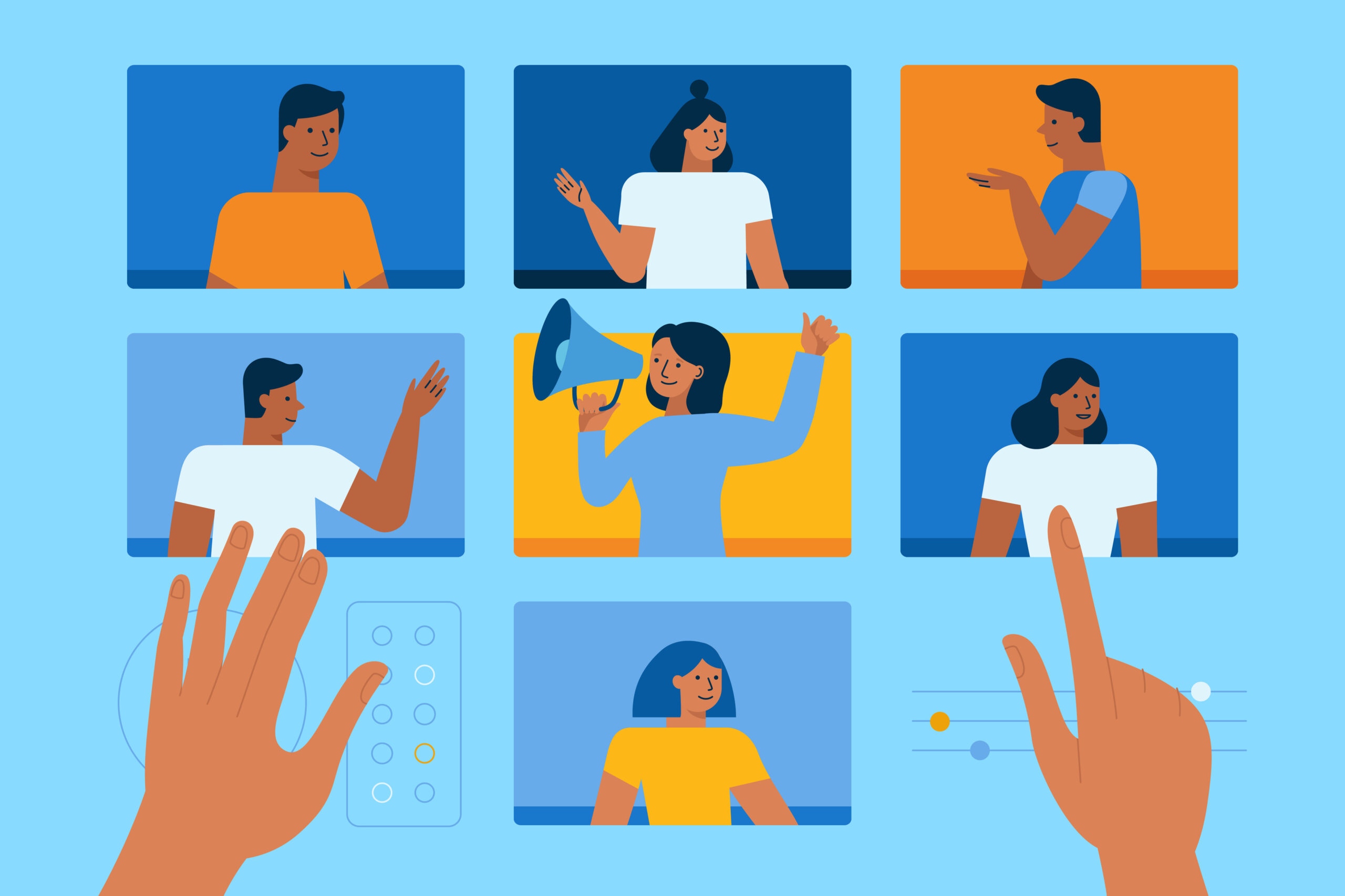 Illustration of a video conference screen showing seven diverse participants in individual windows. Two hands interact with on-screen controls, and one participant is speaking with a megaphone.