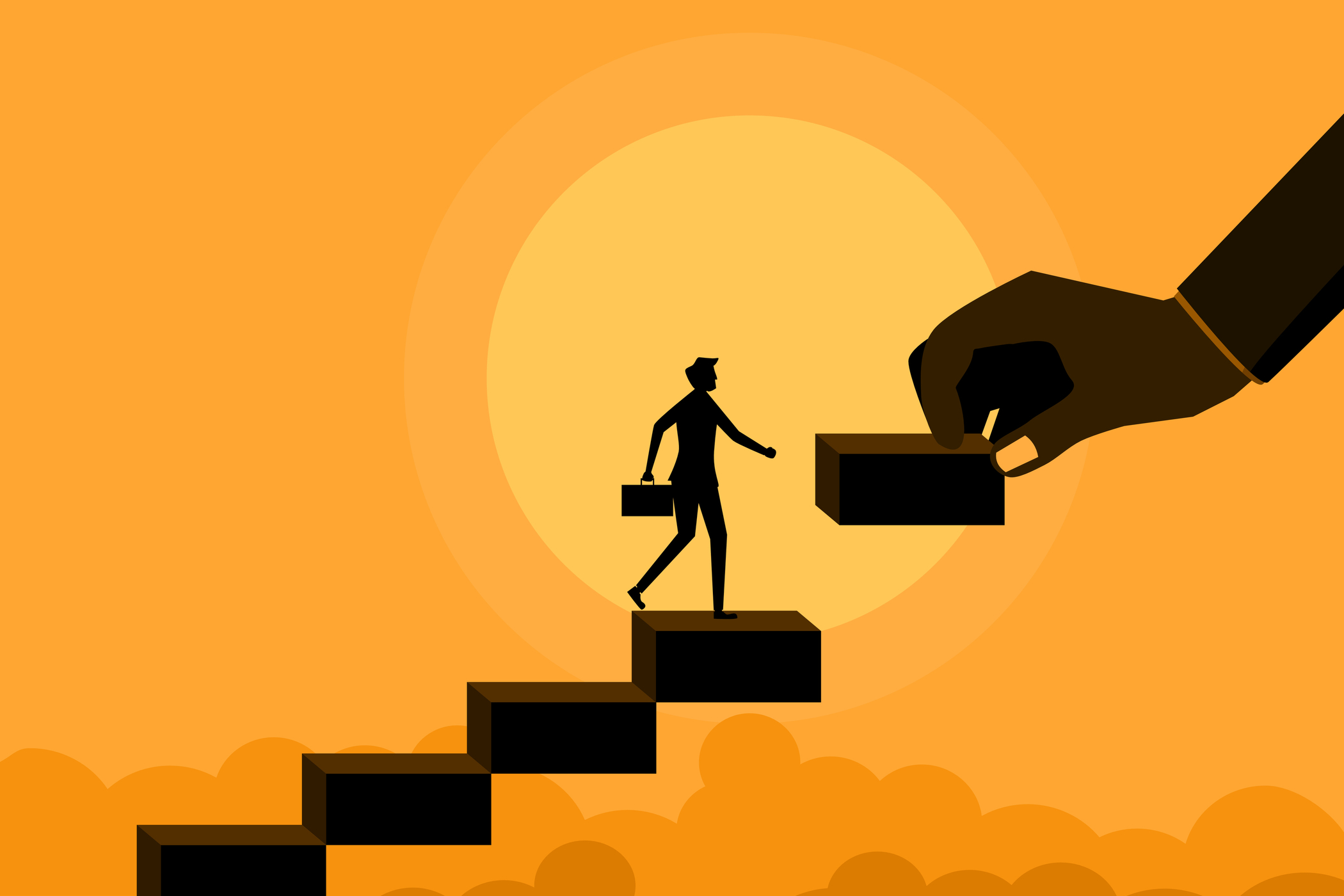 A silhouette illustration shows a person with a briefcase walking up black steps. A large hand places the next step in front of them, against an orange and yellow background with a bright sun.