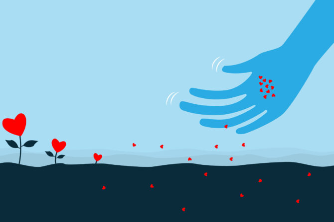 An illustration showing a blue hand scattering red heart seeds onto dark ground, where three heart-shaped plants have grown under a light blue sky.