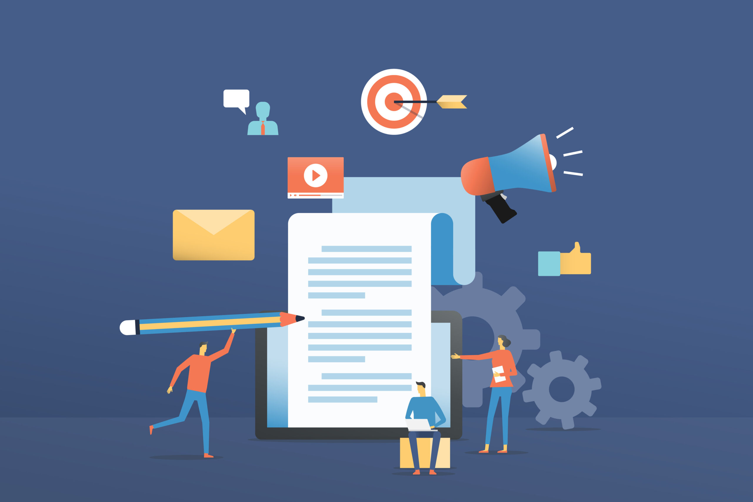Illustration showing people creating and marketing content. A large document on a tablet is central, with figures writing, working on a laptop, and presenting. Surrounding icons include a target, megaphone, video player, email, thumbs-up, and gears, representing strategy and promotion.
