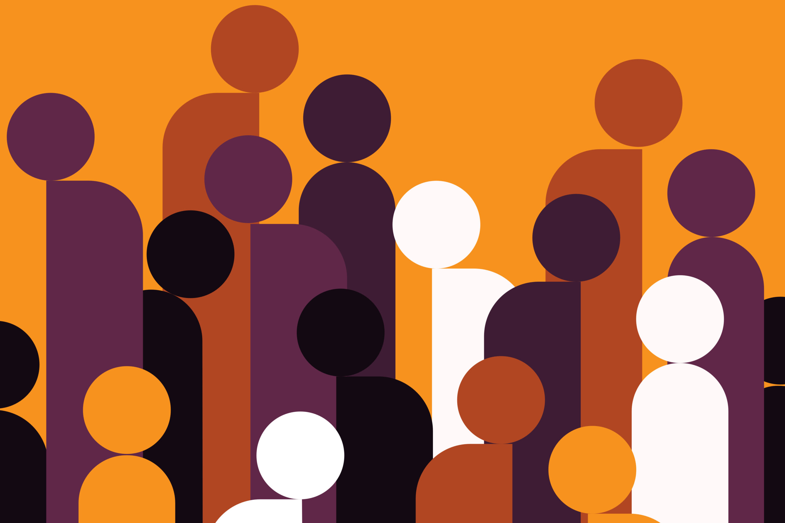 Abstract illustration of numerous stylized human figures, made from circles and rounded rectangles, in dark purple, dark orange, black, and white, against a bright orange background. The figures overlap, creating a dense crowd.