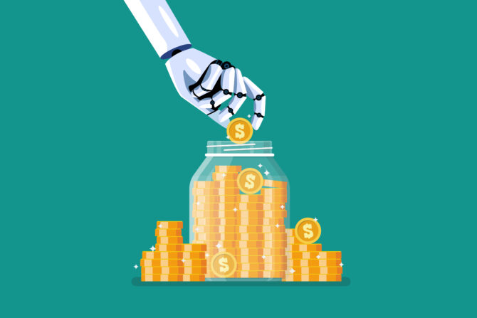 A white robotic arm places a gold dollar coin into a clear glass jar filled with many gold coins. More stacks of gold coins are on the teal surface beside the jar.
