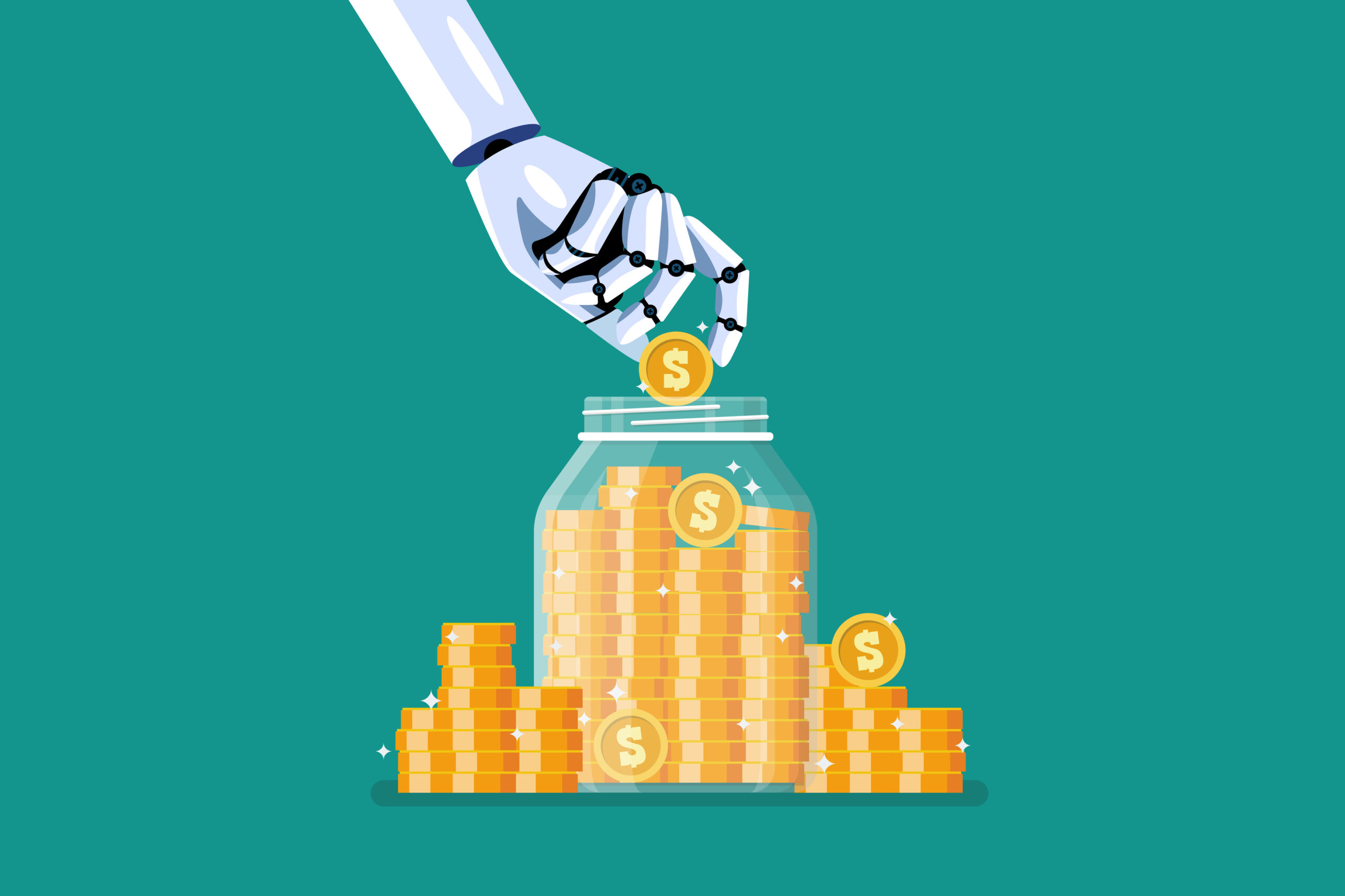 A white robotic arm places a gold dollar coin into a clear glass jar filled with many gold coins. More stacks of gold coins are on the teal surface beside the jar.