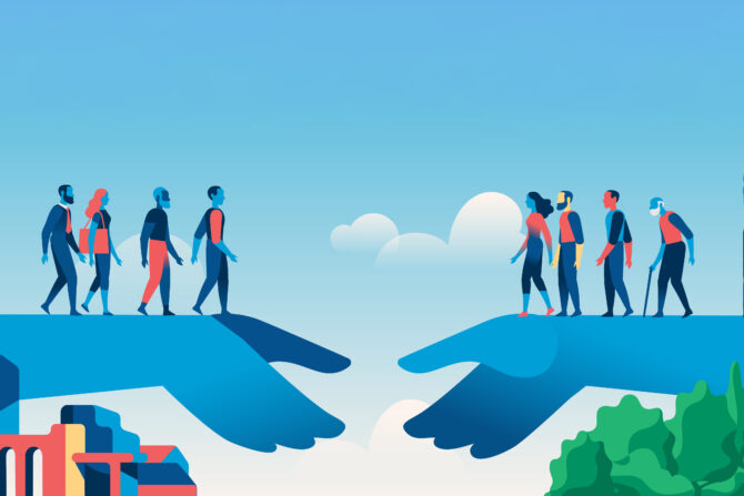 Illustration of two large blue hands forming a bridge across a gap, supporting diverse groups of people walking towards each other. On the left, a city, and on the right, nature.