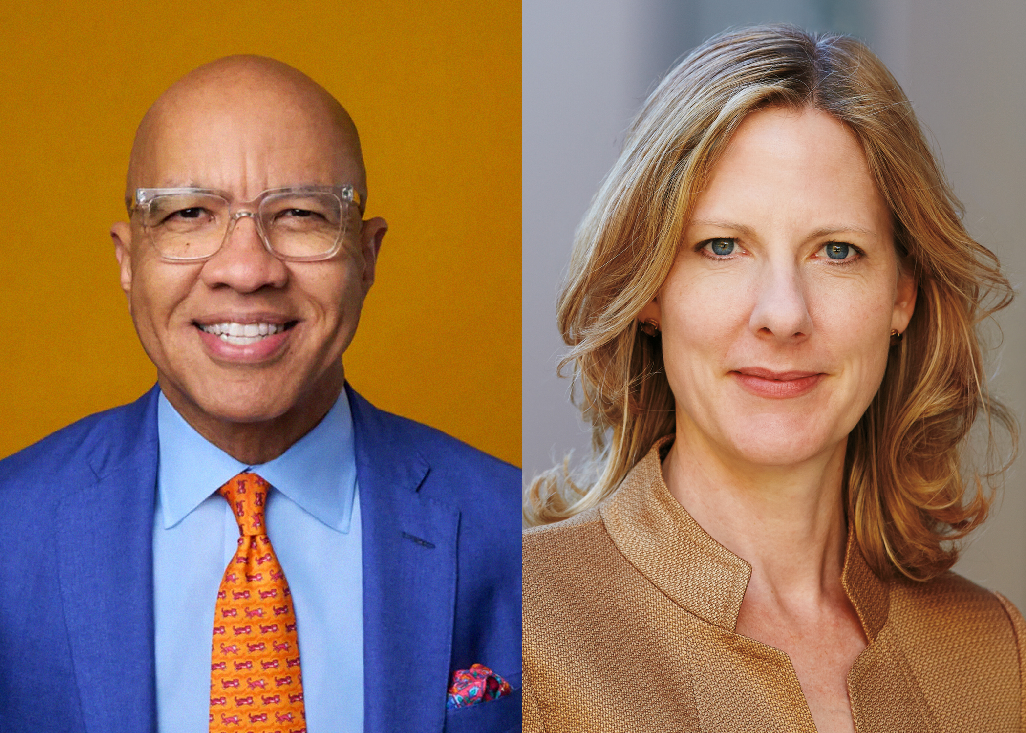 Split portrait of a smiling bald Black man in a blue suit and orange tie on a yellow background, and a smiling white woman with blonde hair in a gold jacket on a gray background.