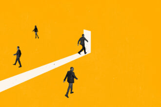 A stylized illustration showing several business people walking on a white path towards an open white door, set against a vibrant, textured yellow background.