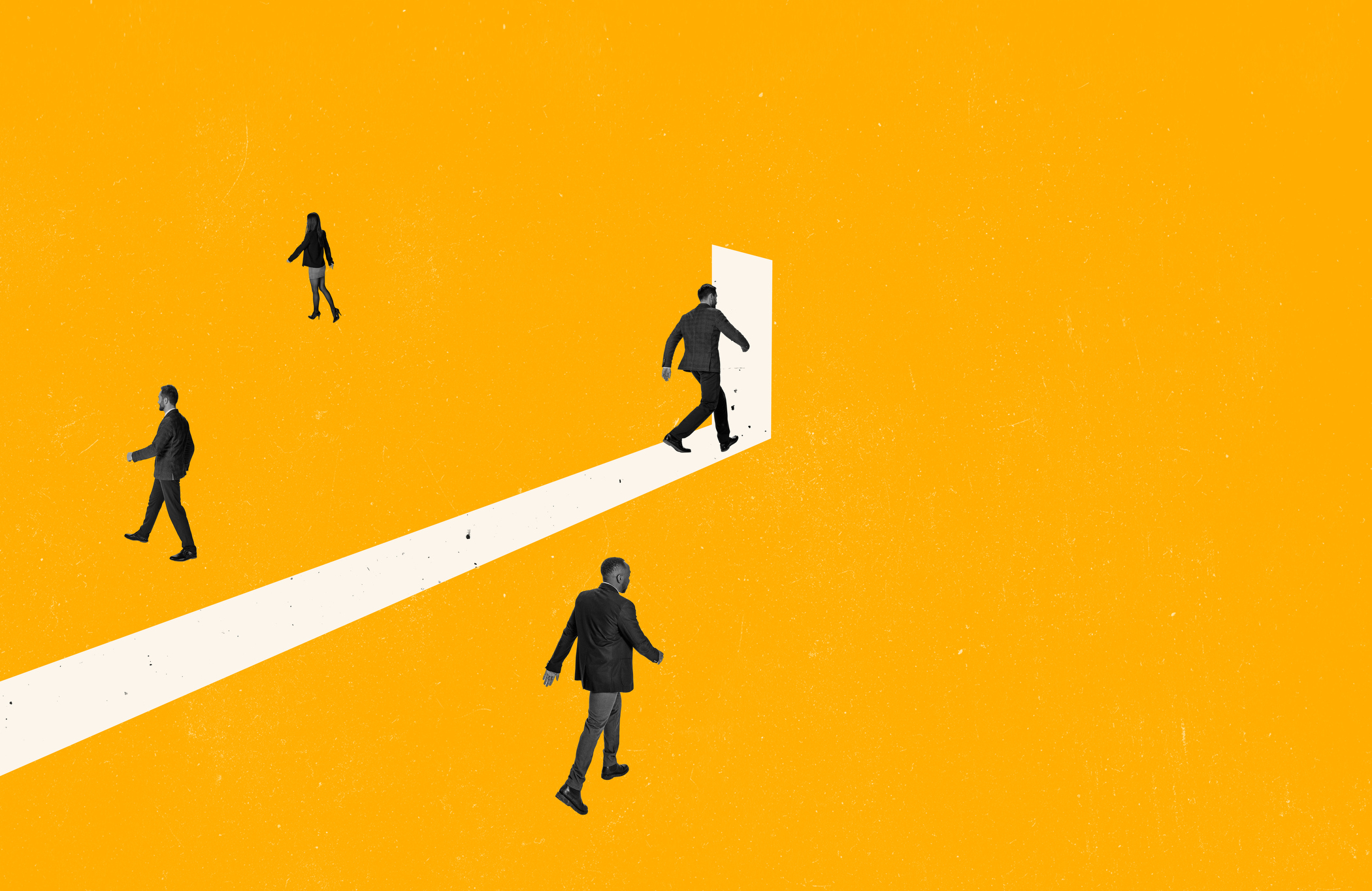 A stylized illustration showing several business people walking on a white path towards an open white door, set against a vibrant, textured yellow background.