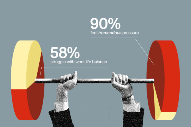 Illustration of two hands lifting a heavy barbell, with large weights on each side, highlighting statistics about nonprofit leaders: 58% struggle with work–life balance and 90% feel tremendous pressure.