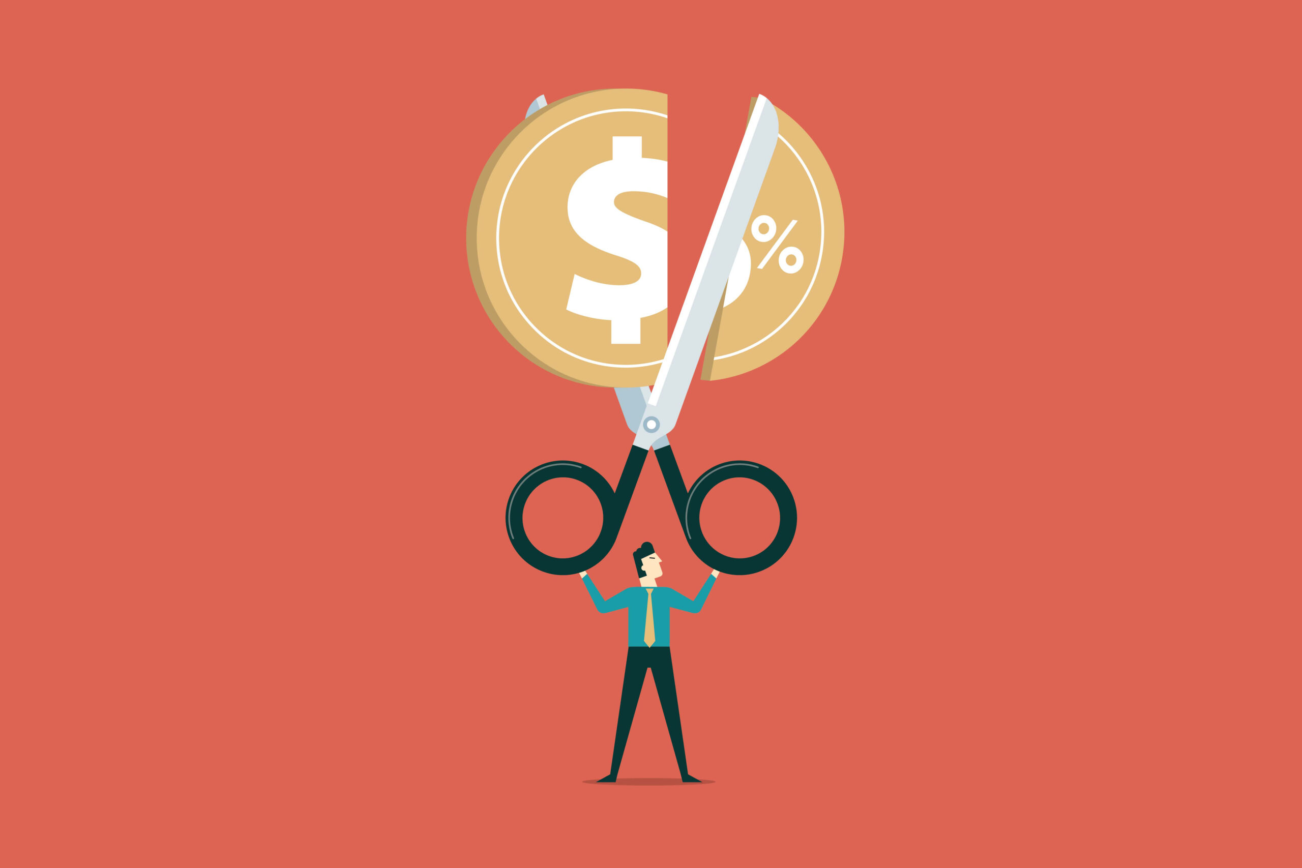 Illustration of a man holding large scissors, cutting a golden coin in half. One half of the coin shows a dollar sign, the other a percentage sign.