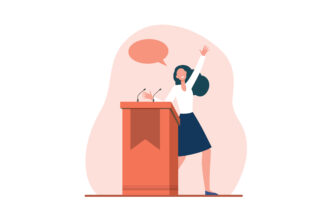 Illustration of a smiling woman in a white shirt and blue skirt enthusiastically speaking at a reddish-brown podium with two microphones, her left arm raised, and a speech bubble above her head.
