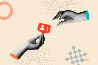 Digital collage showing two grayscale hands on a beige background. The bottom hand holds a red social media notification icon with a person silhouette and the number '1'. The top hand reaches towards it. Abstract shapes and halftone dots are in the background.