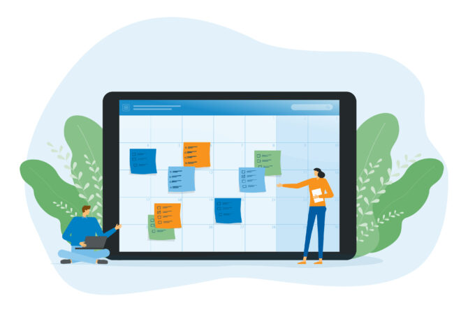 Illustration of two people planning tasks on a large digital calendar with colorful sticky notes and checklists, one on a laptop and the other pointing.