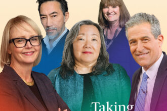 Cover of The Chronicle of Philanthropy, February 2026. Five nonprofit leaders are shown in a composite portrait against a warm gradient background. The magazine title appears at the top. The headline reads “Taking the Pulse,” with subtext noting a new poll on how the nonprofit sector is faring amid chaos and leaders’ outlook for the future.