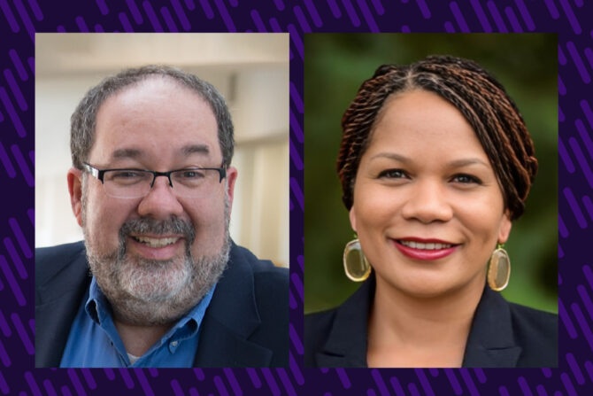 A combination photo of a man in a business suit on the right and a woman in a business suit jacket on the right. She wears large earrings and he wears glasses.